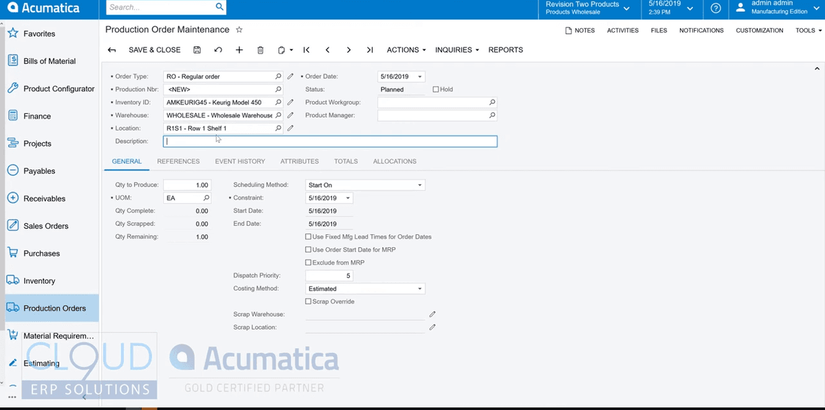 Acumatica Production Order Maintenance screen showing scheduling and quantity fields