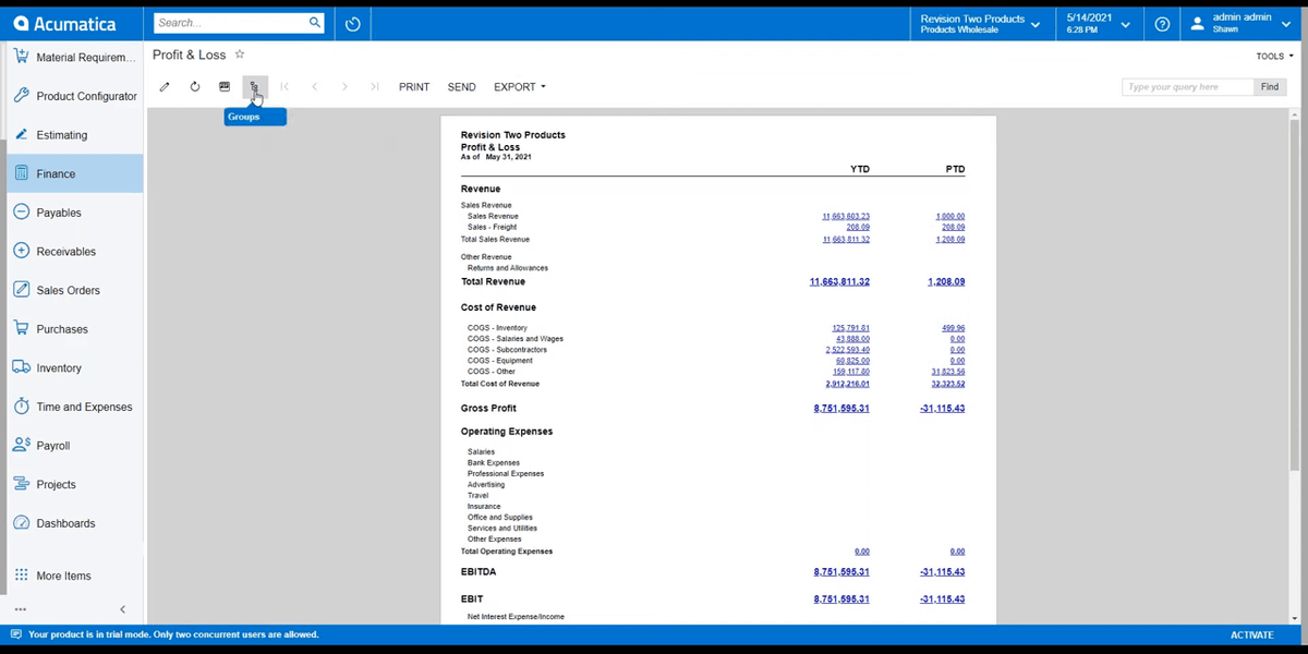 Acumatica Profit and Loss financial report with YTD and period-to-date figures