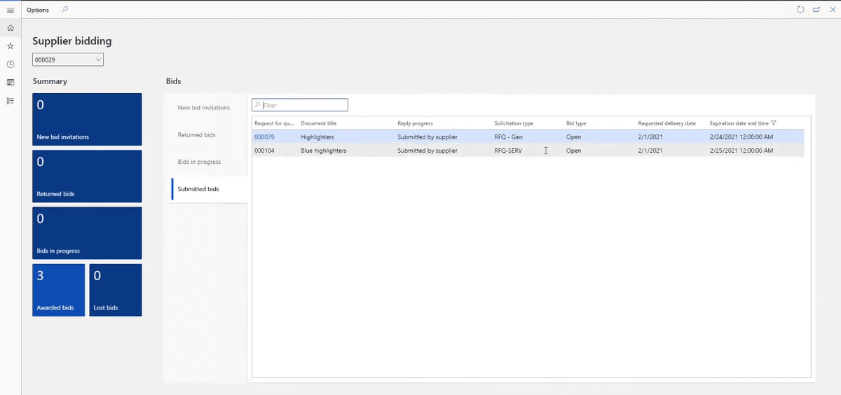 Microsoft Dynamics 365 Finance & Supply Chain Management supplier bidding workspace with RFQ list