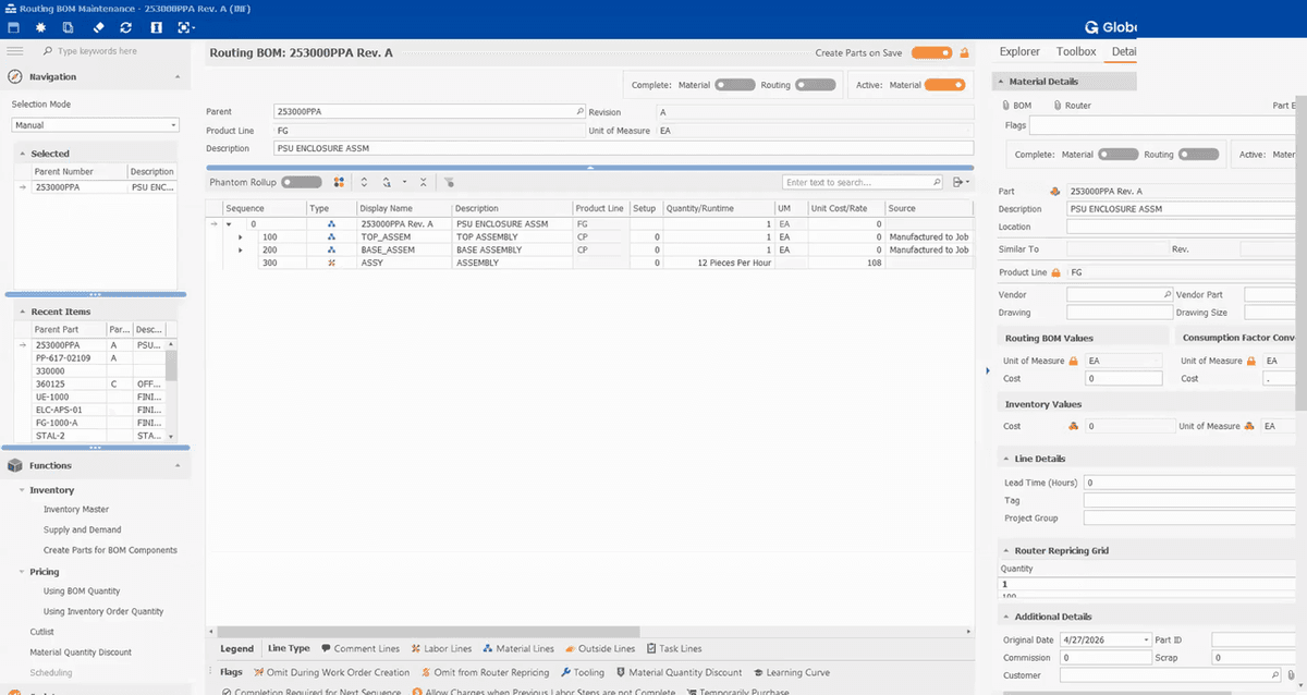 Global Shop Solutions Routing BOM Maintenance screen showing multi-level bill of materials and routing steps