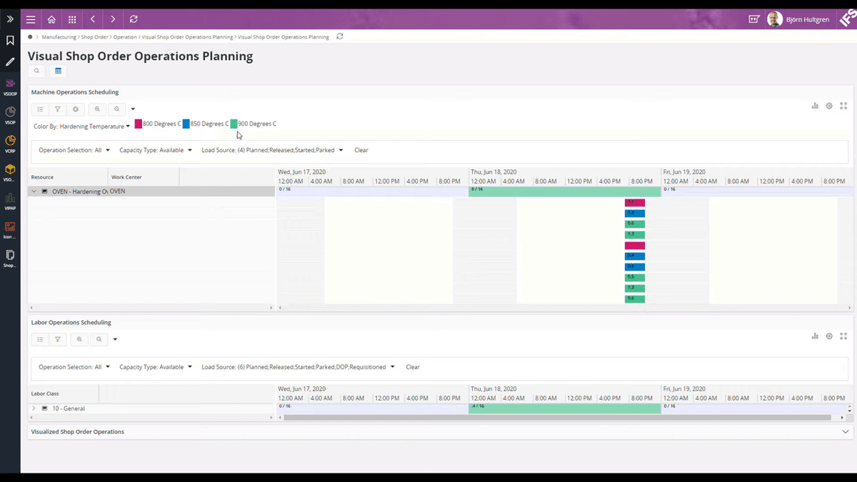 IFS Cloud visual shop order operations planning with machine and labor scheduling gantt