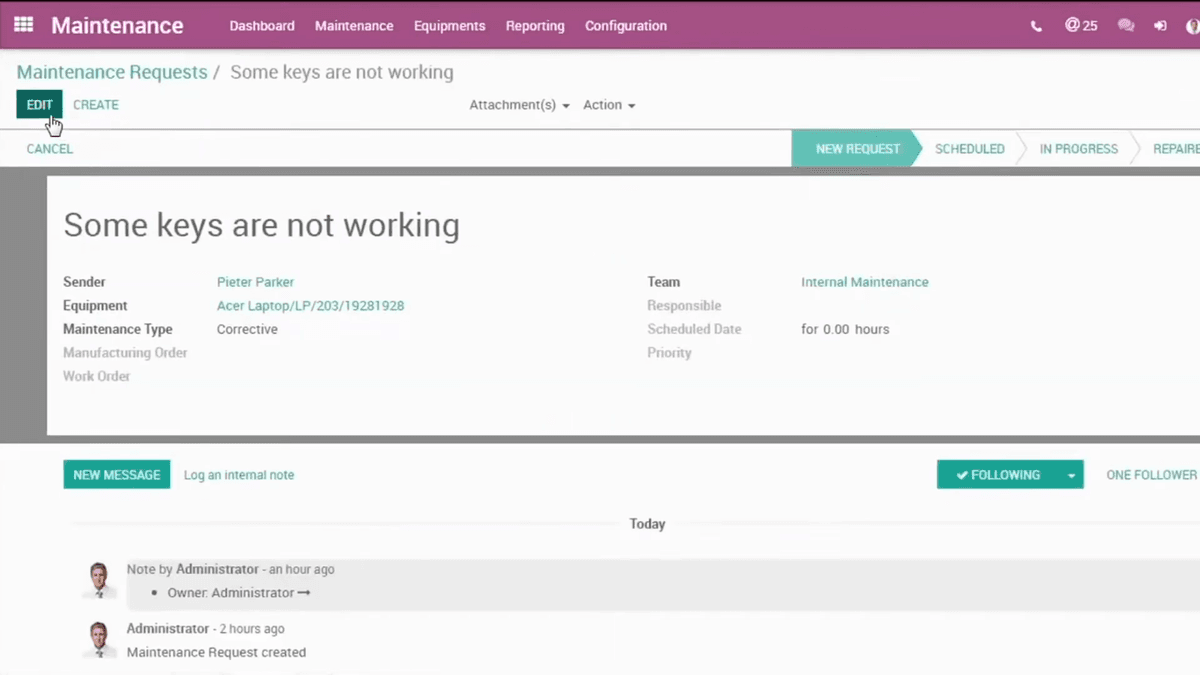 Odoo maintenance request form for equipment repair with status pipeline stages