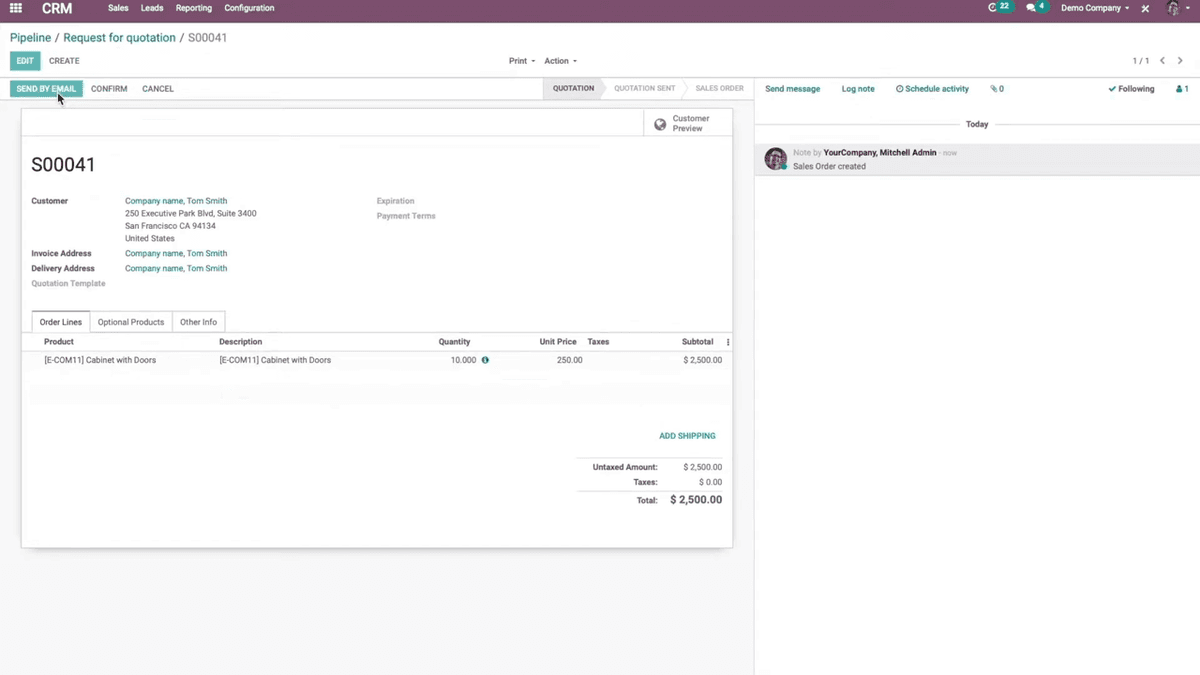 Odoo sales quotation screen showing order lines, customer address, and total pricing