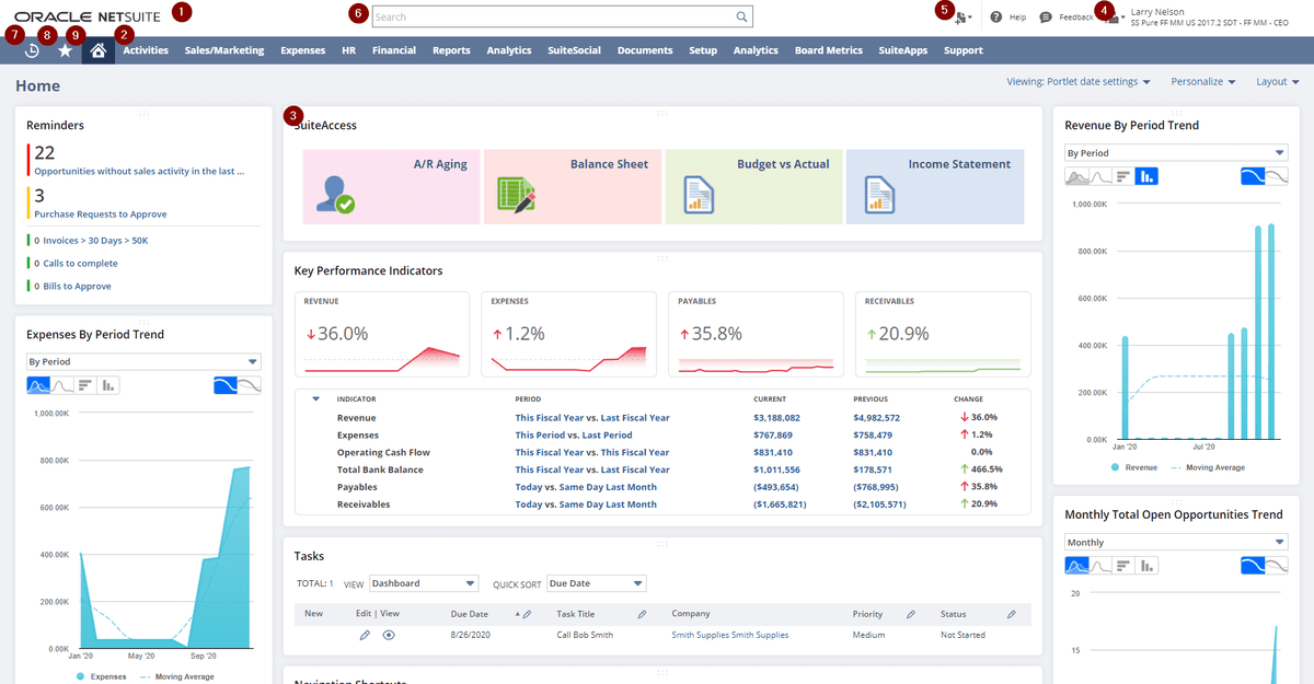 Oracle NetSuite dashboard with KPIs and portlets