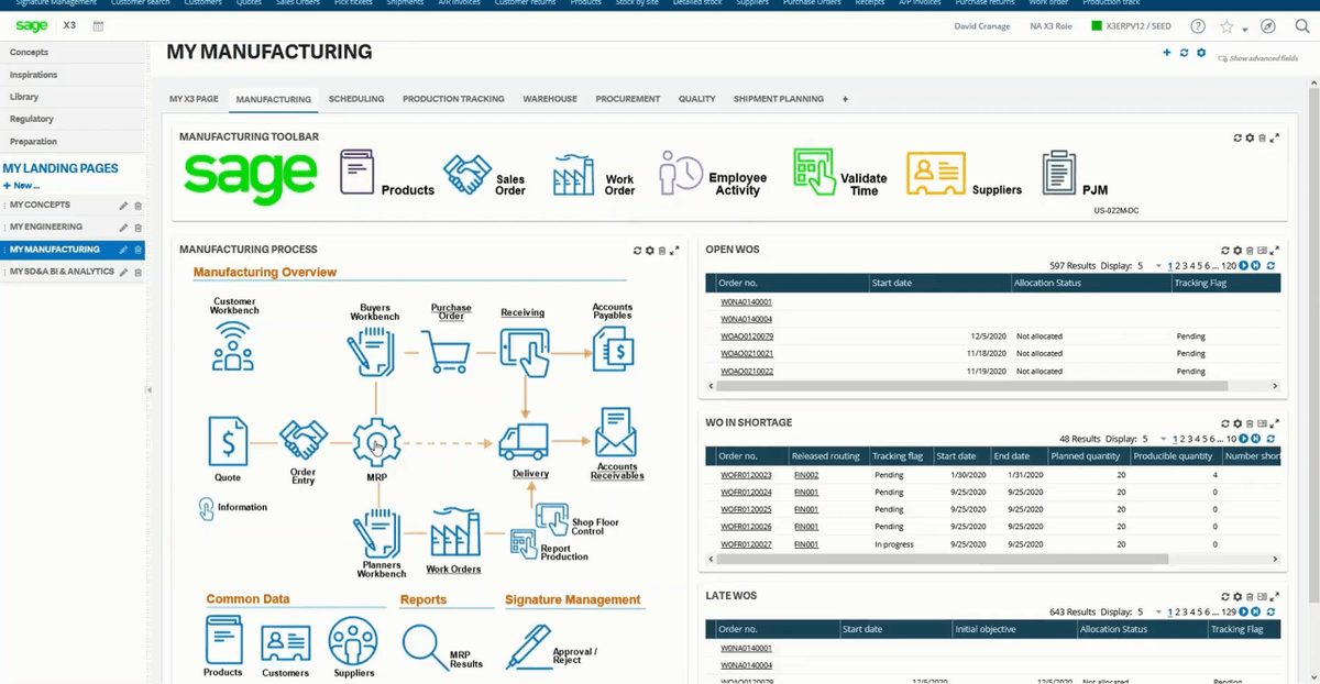 Sage X3 My Manufacturing landing page showing the manufacturing process flow diagram and open work order lists