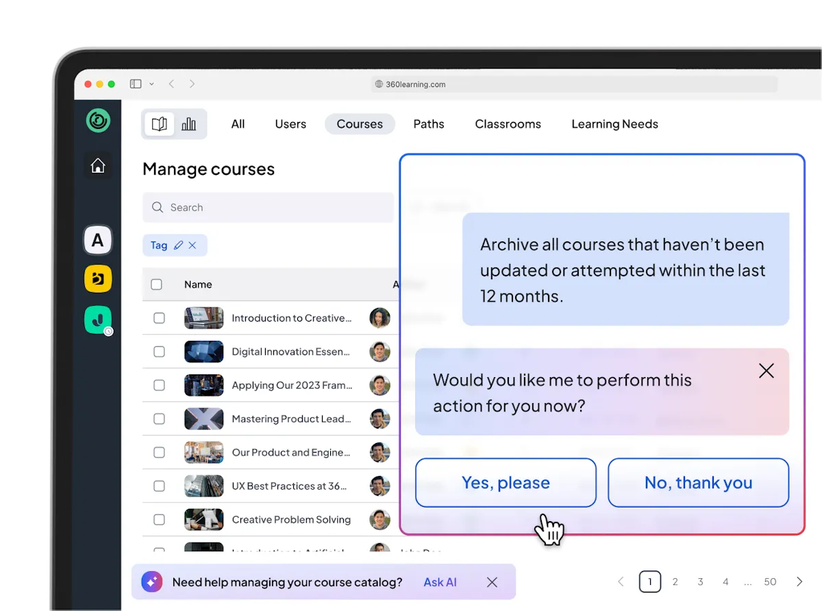 Course catalog manager with the Action Mode AI agent proposing a bulk archive action
