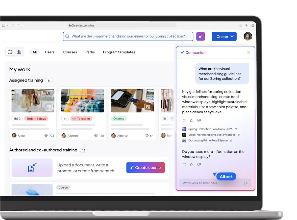 Learning experience platform (LXP) homepage with AI Companion answering a learner question
