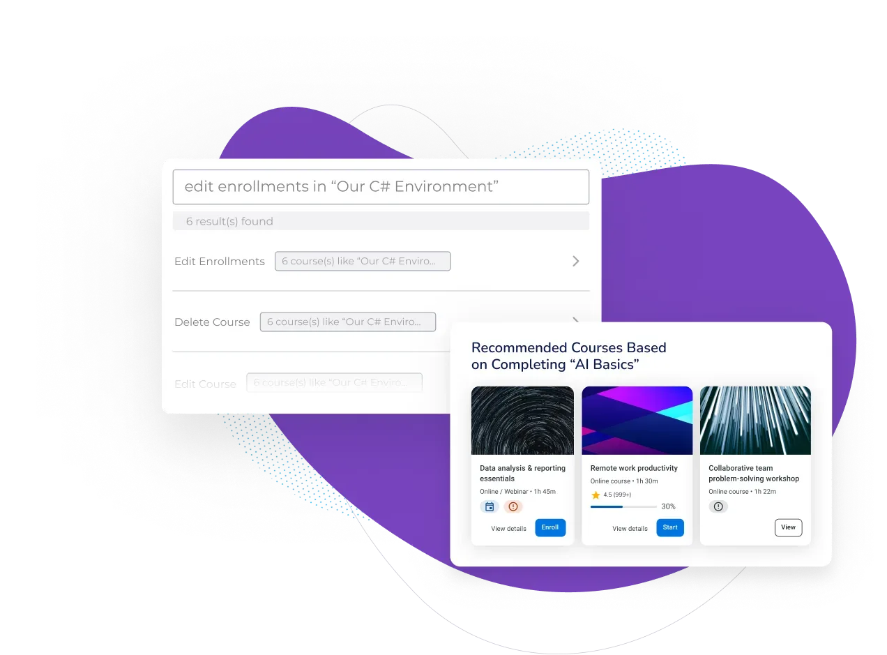 Admin enrollment-management panel and Absorb Aura AI course recommendations
