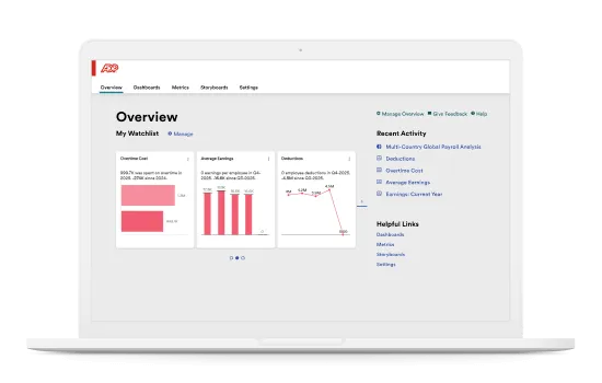 Global payroll reporting and analytics dashboard with overtime, earnings and deductions watchlist