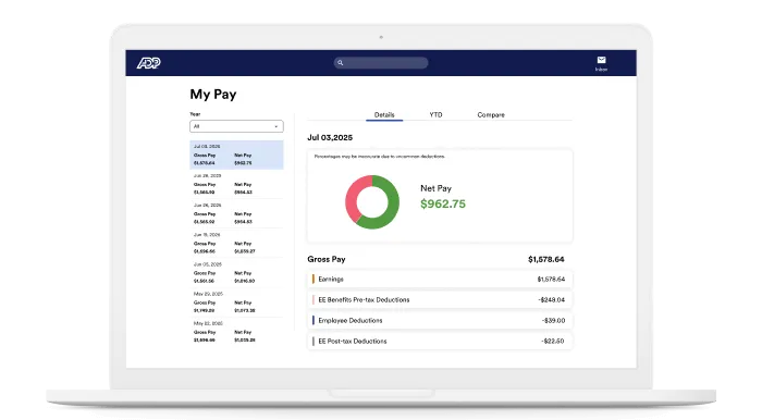 Employee self-service pay statements list and detailed pay breakdown view