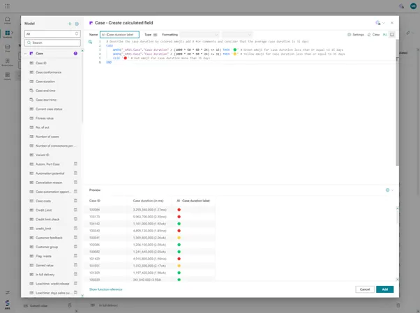 Creating an AI-generated calculated field on process mining case data