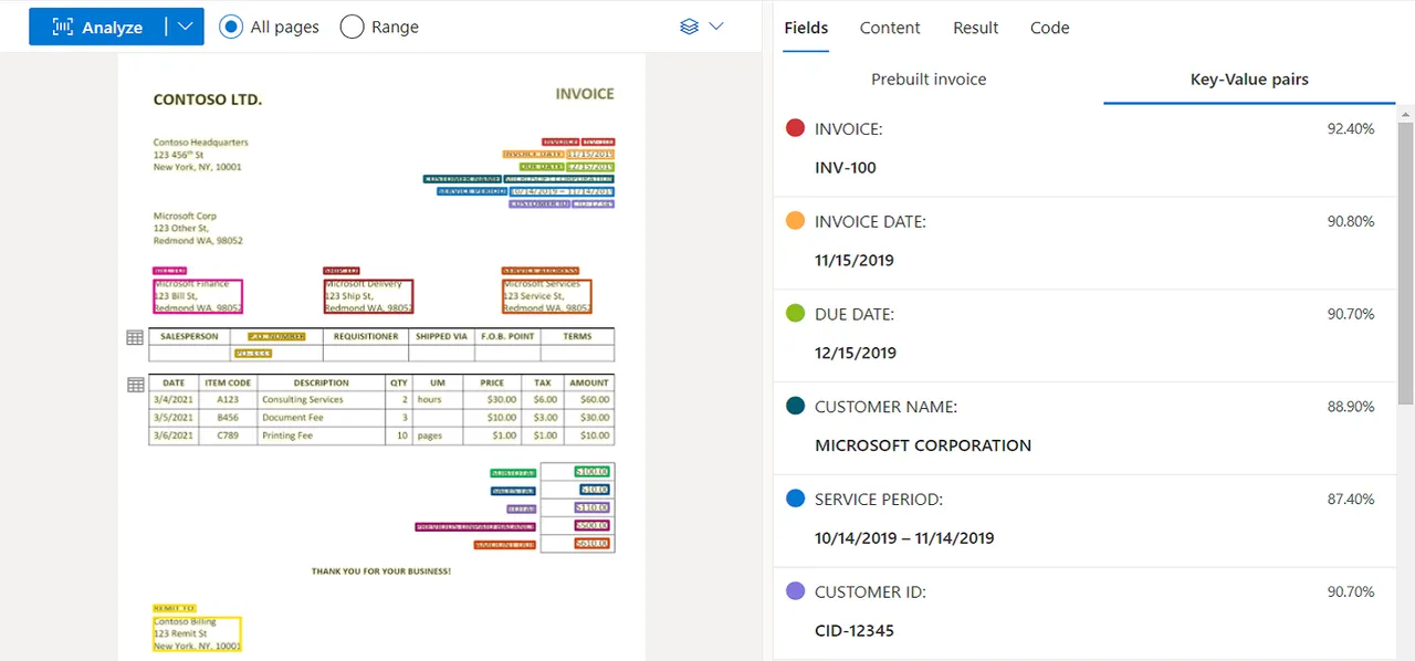 Invoice model analysis in Document Intelligence Studio