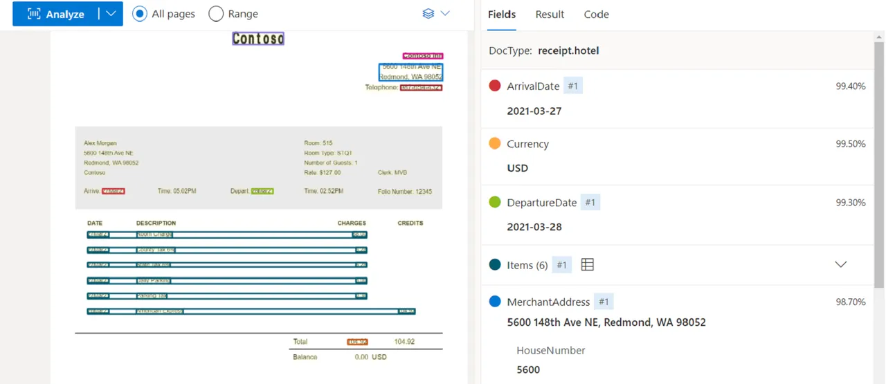 Receipt model analysis in Document Intelligence Studio