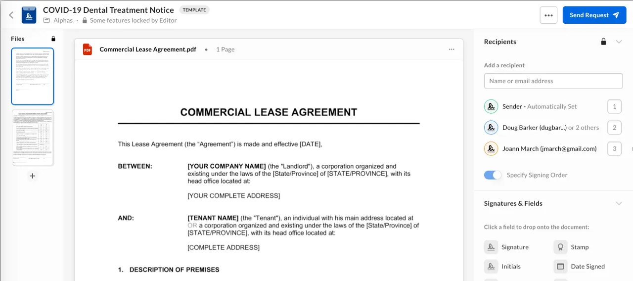 Preparing a document and placing signature fields