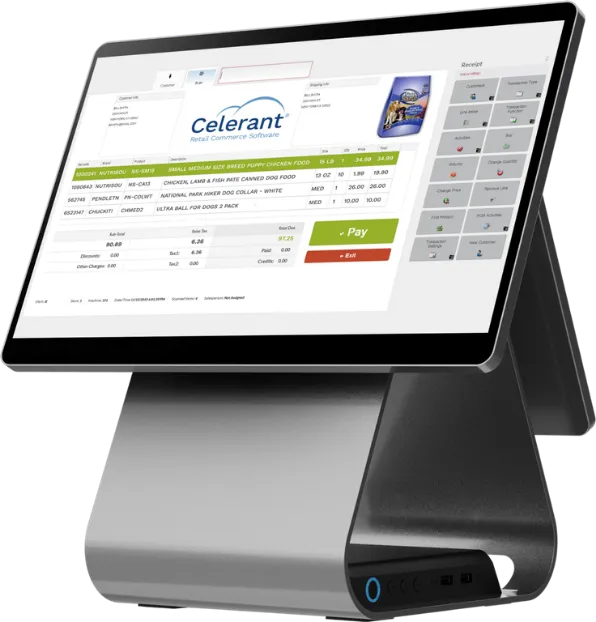 Celerant POS checkout screen with product line items, taxes, discounts and payment buttons