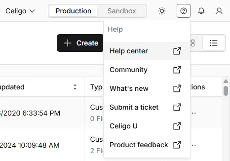 Celigo integrator.io platform — Production/Sandbox toolbar and Help menu