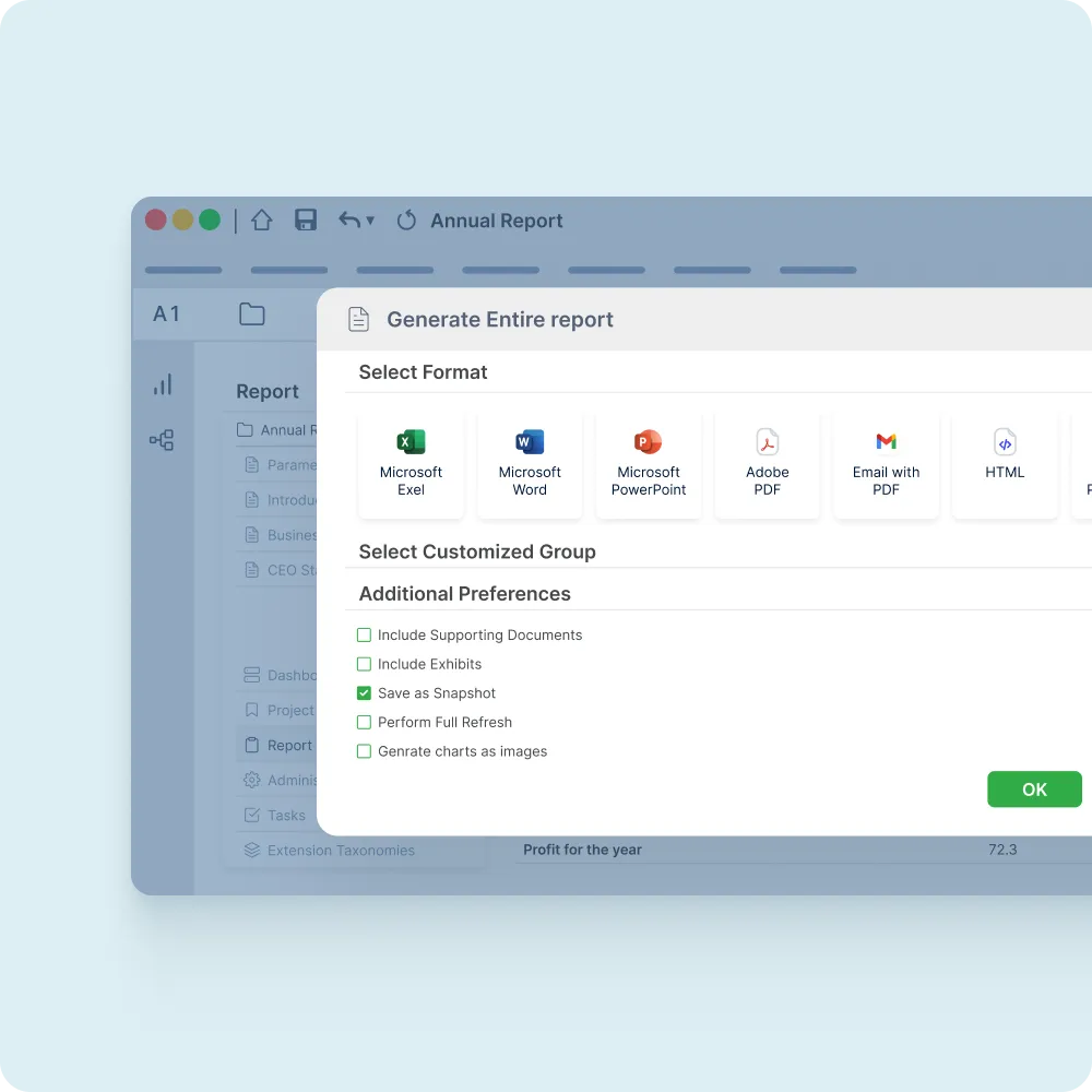 Report generation dialog with Word, Excel, PowerPoint, PDF, HTML and iXBRL export options