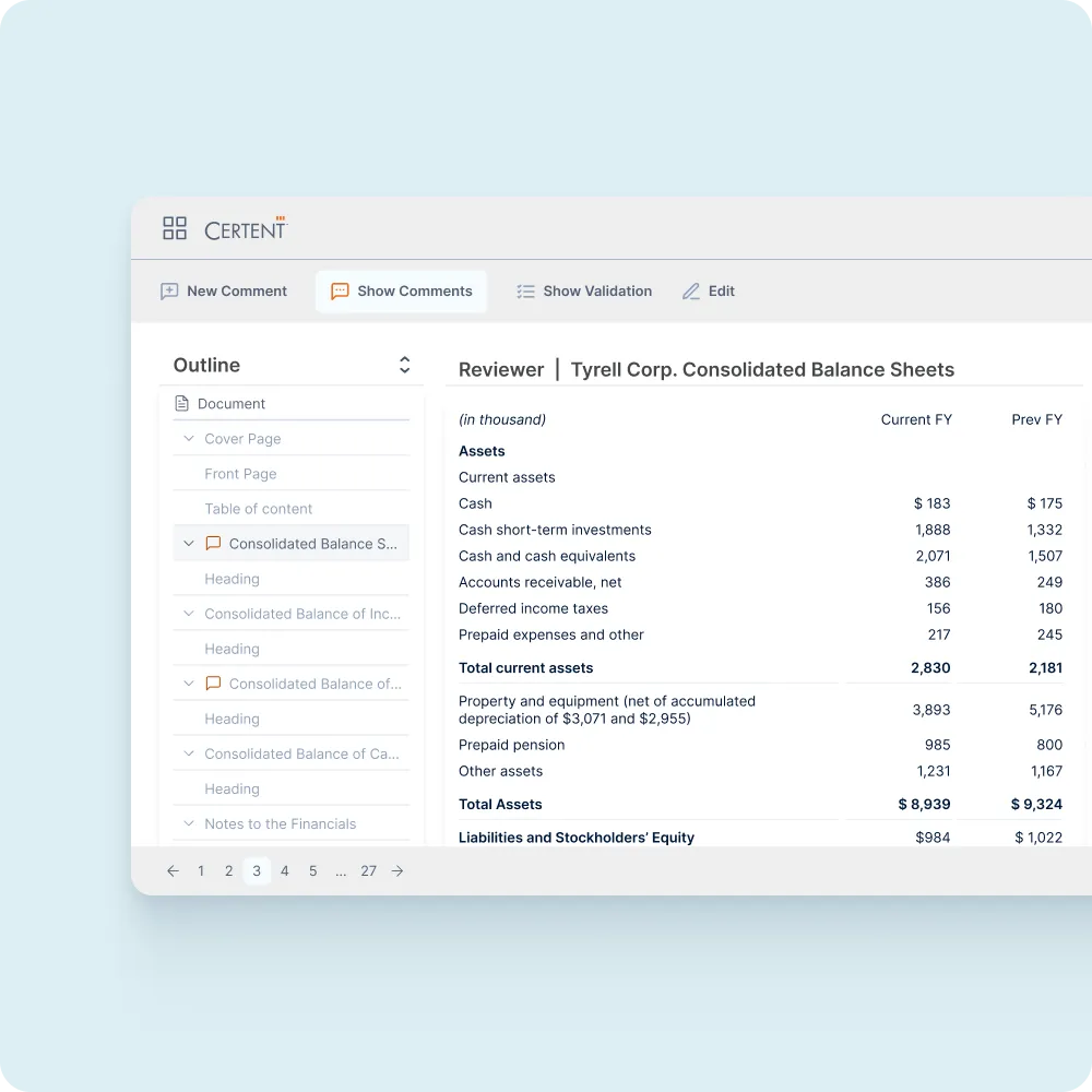 Reviewer view of a consolidated balance sheet with inline comments and validation