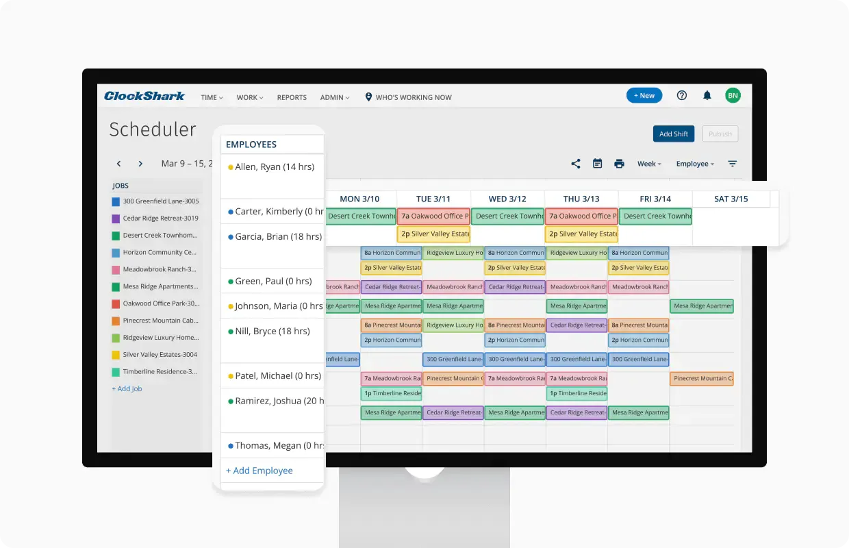Drag-and-drop scheduler showing employees assigned to jobs across the week