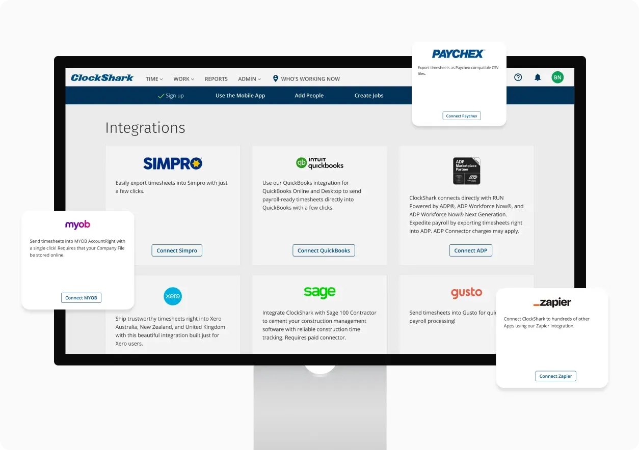 Integrations dashboard listing Simpro, QuickBooks, ADP, MYOB, Sage, Gusto and Zapier connectors