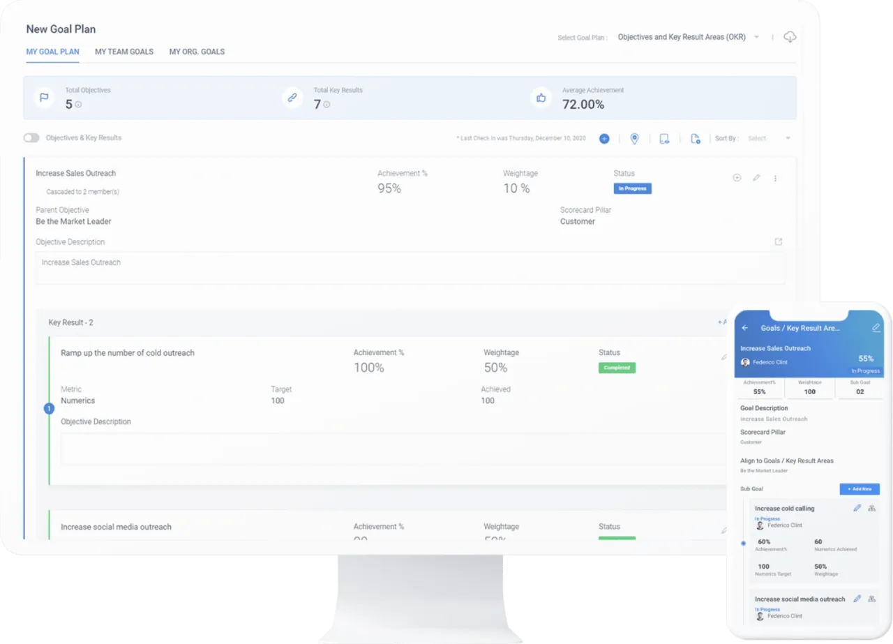 OKR goal plan screen showing objectives, key results and achievement percentages