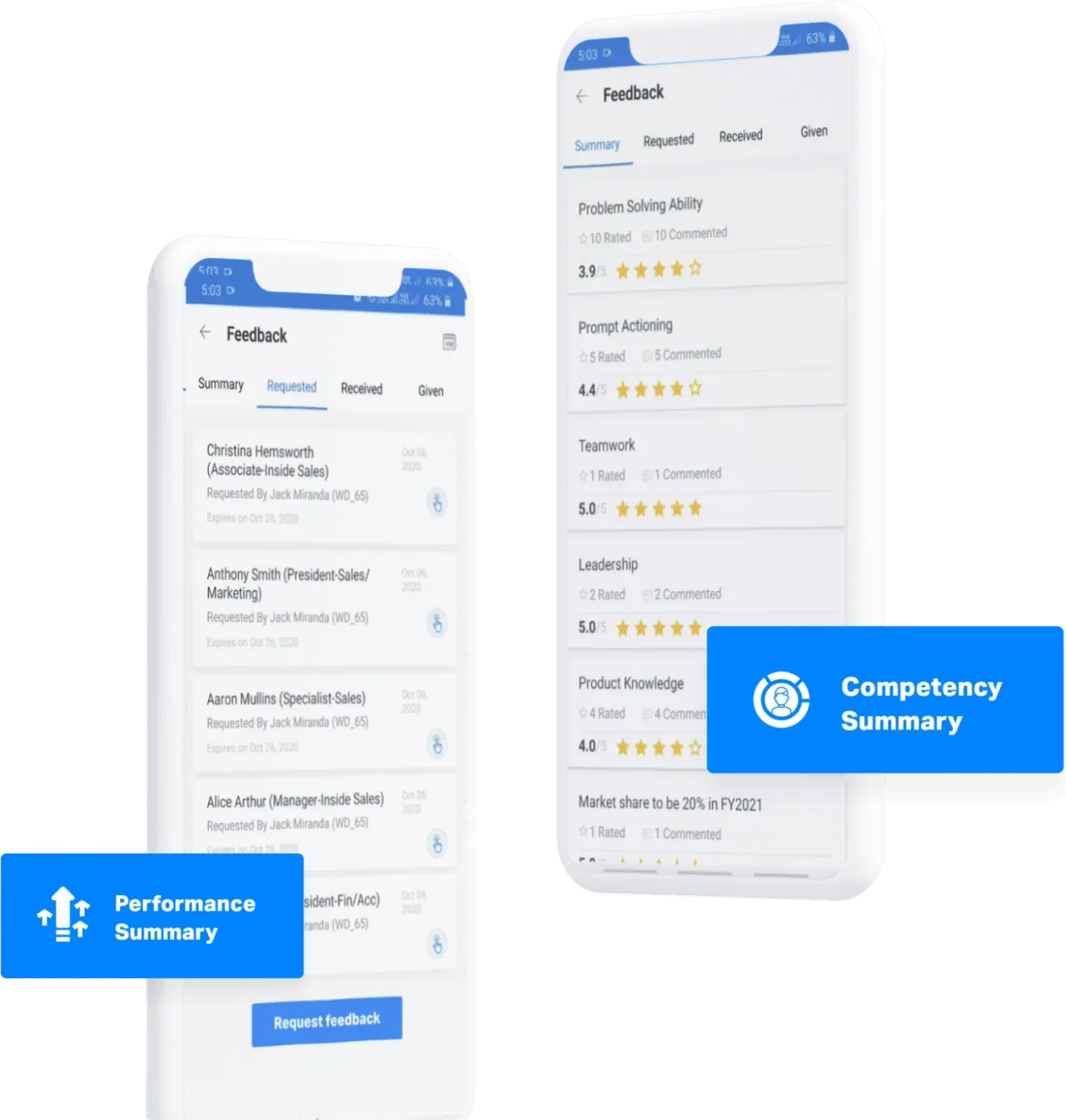 Mobile continuous feedback screens showing requested, received and given feedback with competency ratings