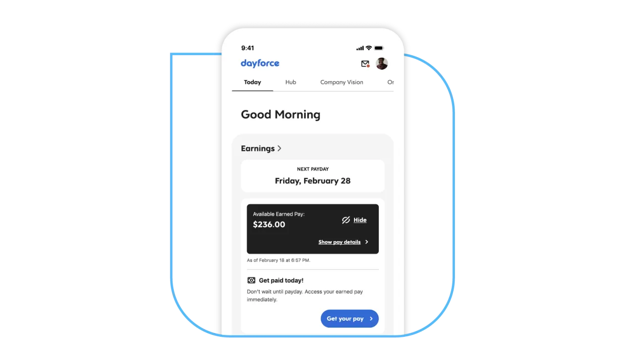 Employee "Today" home screen in the Dayforce mobile app showing earnings