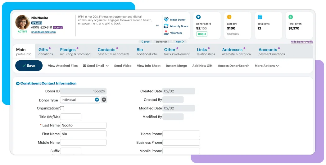Donor profile view with Donor Score