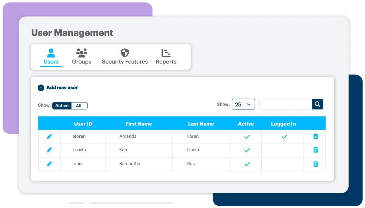 User security and access management screen
