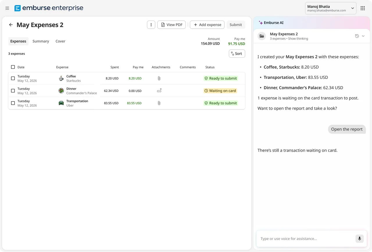 Expense report with line items and Emburse AI assistant panel