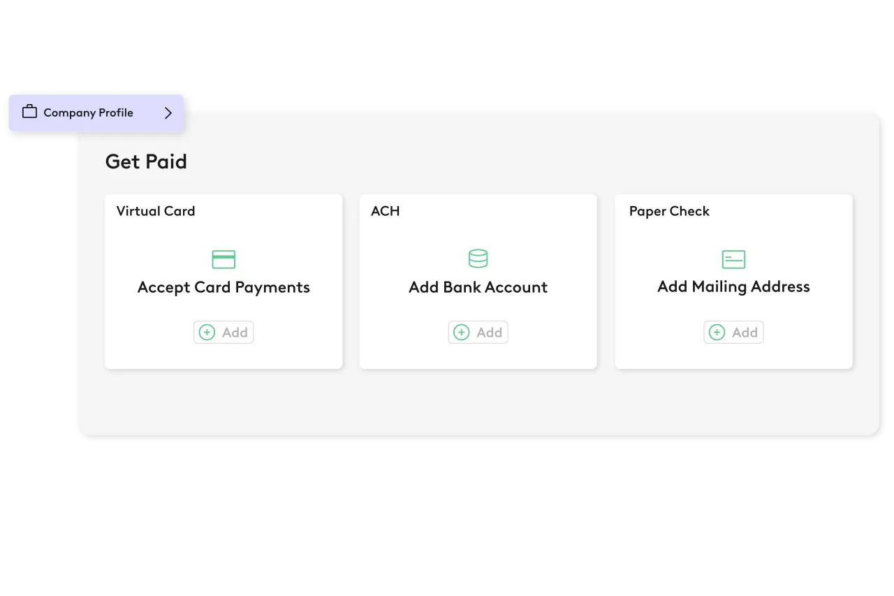 Bill Pay payout setup screen for vendors (card, ACH or paper check)