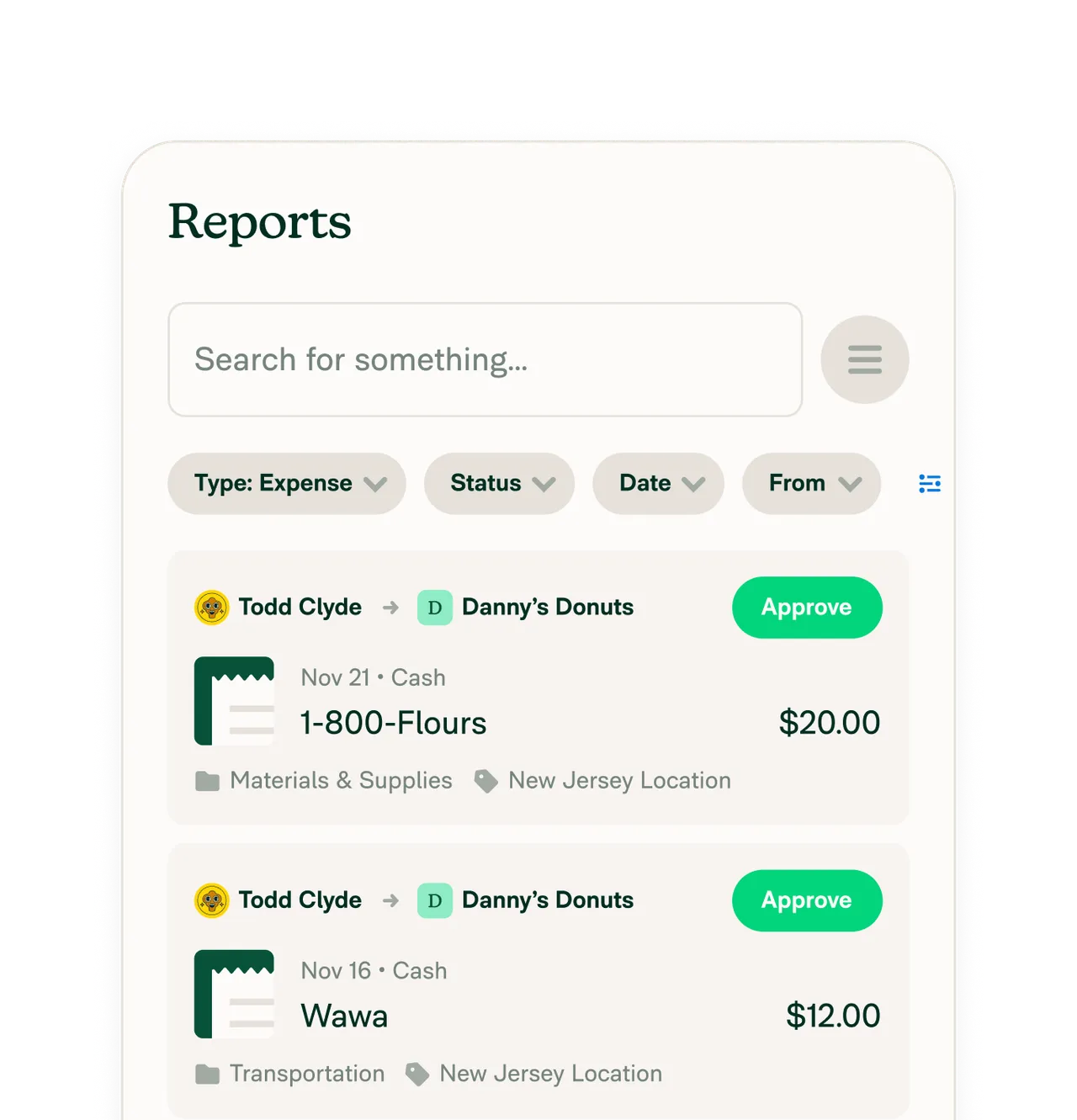 Reports view with expense cards and inline approval