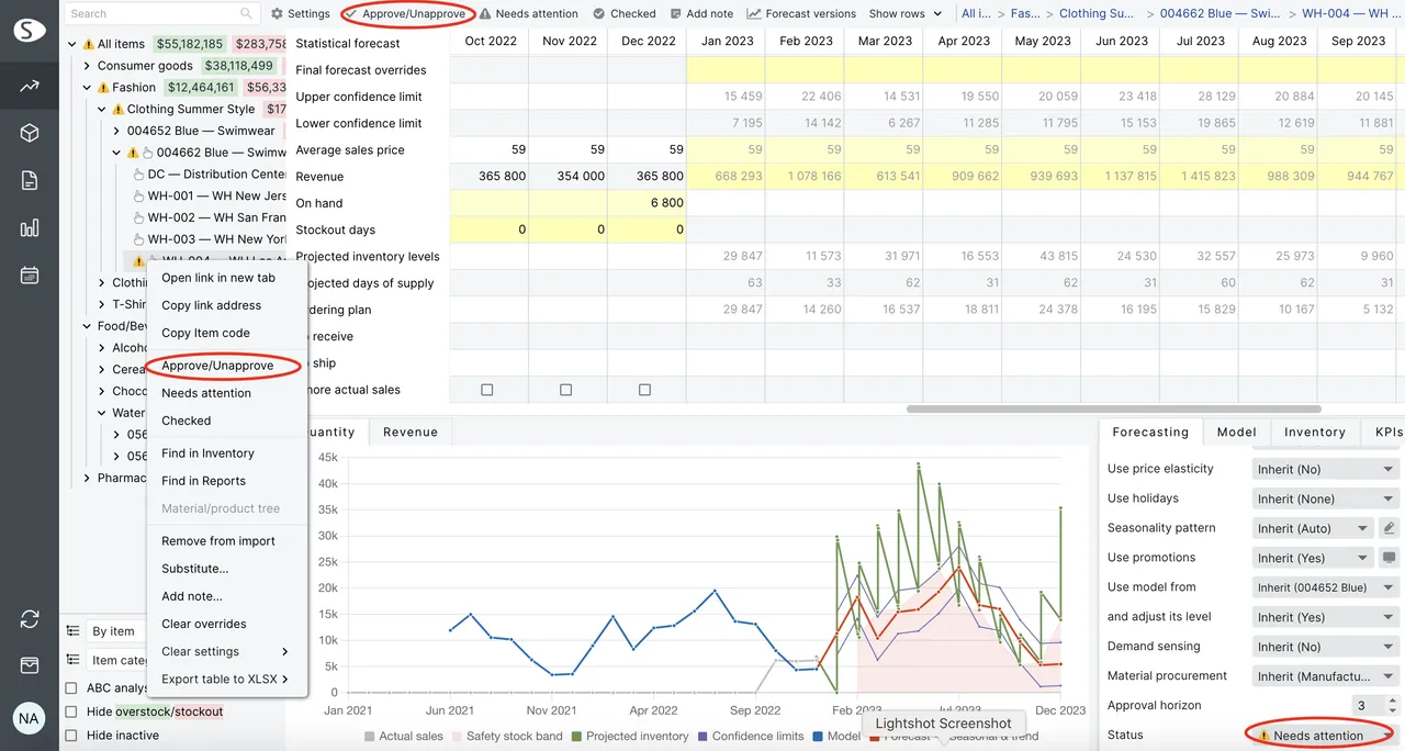 Forecast-approval workflow with Approved / Unapproved / Needs Attention SKU states