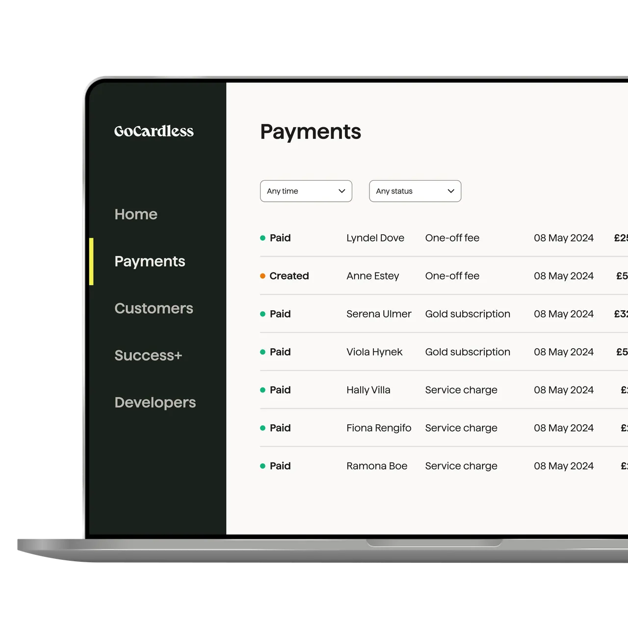 Recurring payments and subscription view in the dashboard