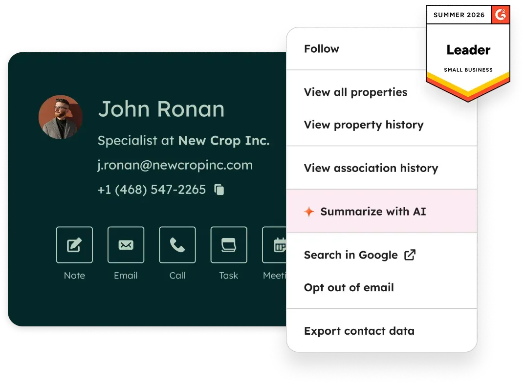 HubSpot CRM contact record with call, email, notes and AI summary actions