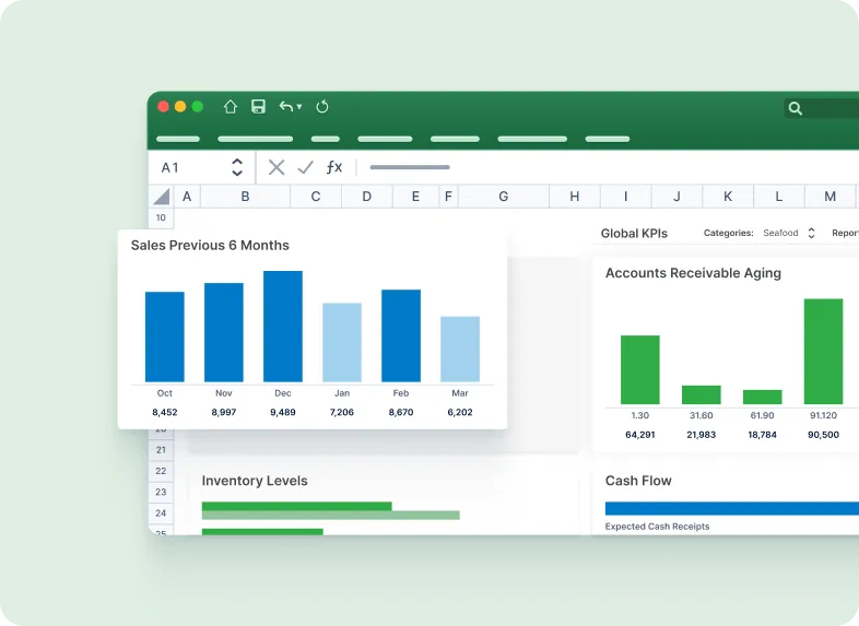 Dashboard combining sales trend, accounts receivable aging, inventory and cash flow widgets over an Excel report