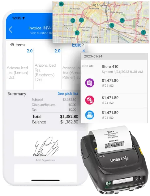 DSD route accounting app: invoice, delivery tracking map and sync log
