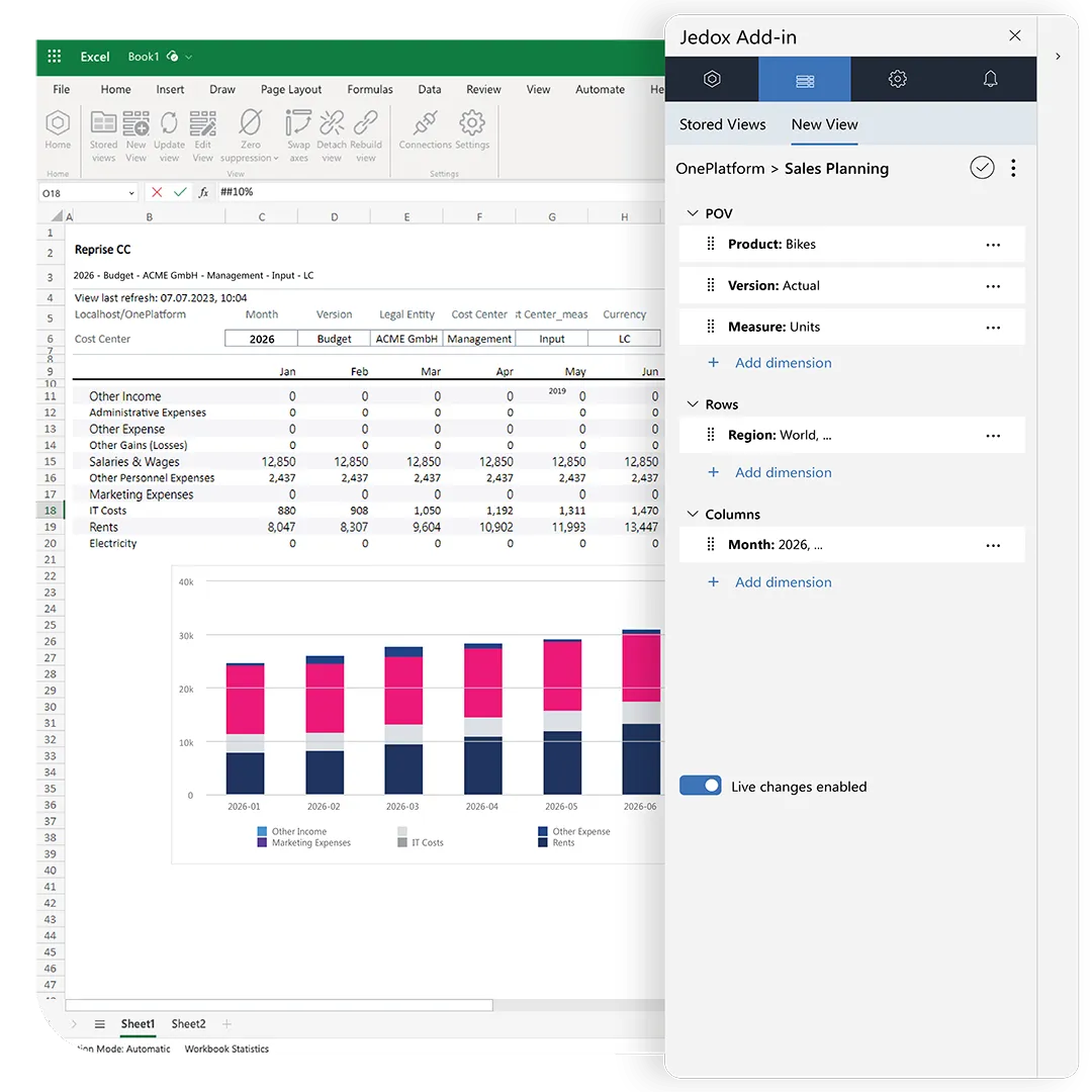 Planning workspace inside the Jedox Excel add-in