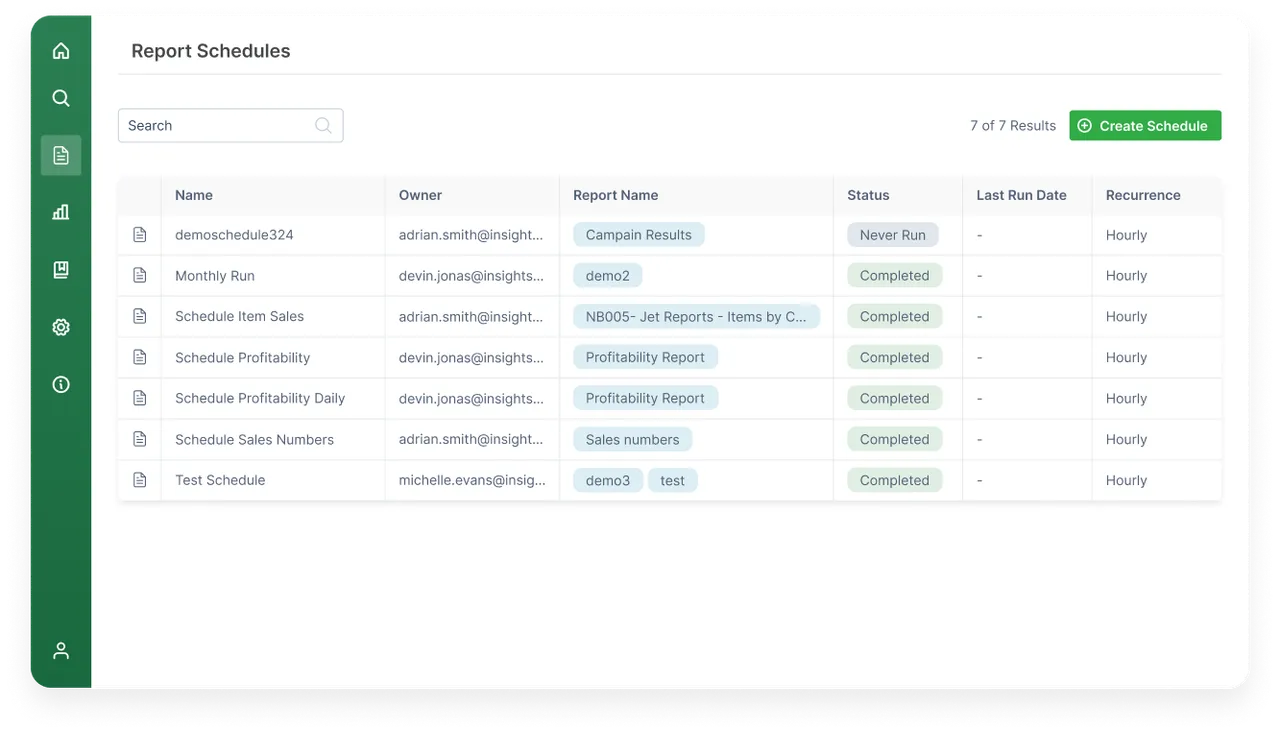 Reports Center report schedules screen, showing scheduled/recurring report jobs and status