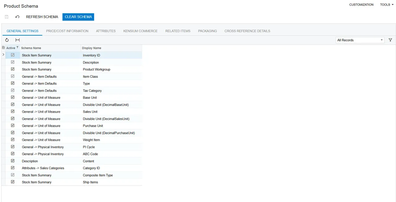 Product Schema configuration in Acumatica (Kensium Commerce Connector)