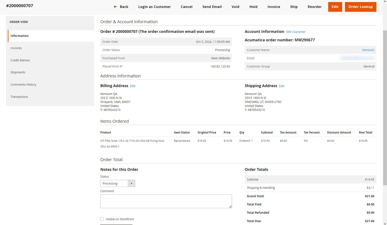 Sales order sync screen between Acumatica and Adobe Commerce