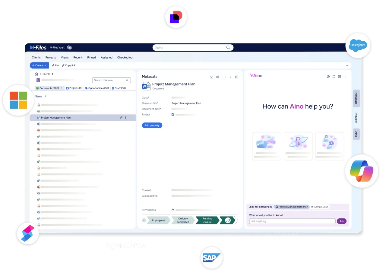 M-Files platform interface with the Aino AI assistant and connected business apps
