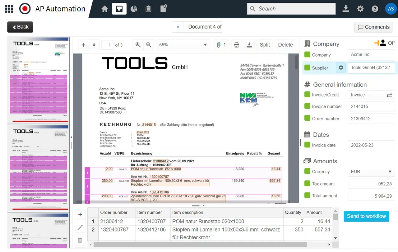 Medius intelligent invoice capture / data extraction screen