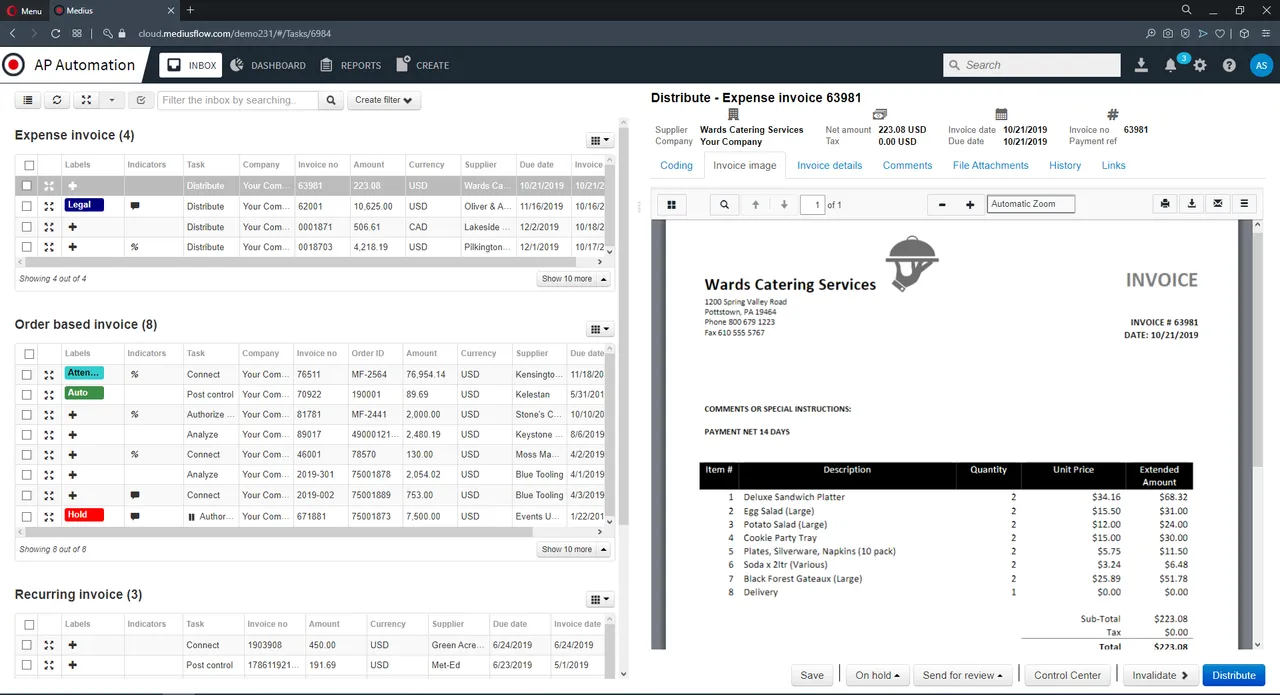 Medius AP automation dashboard with 3-way matching overview