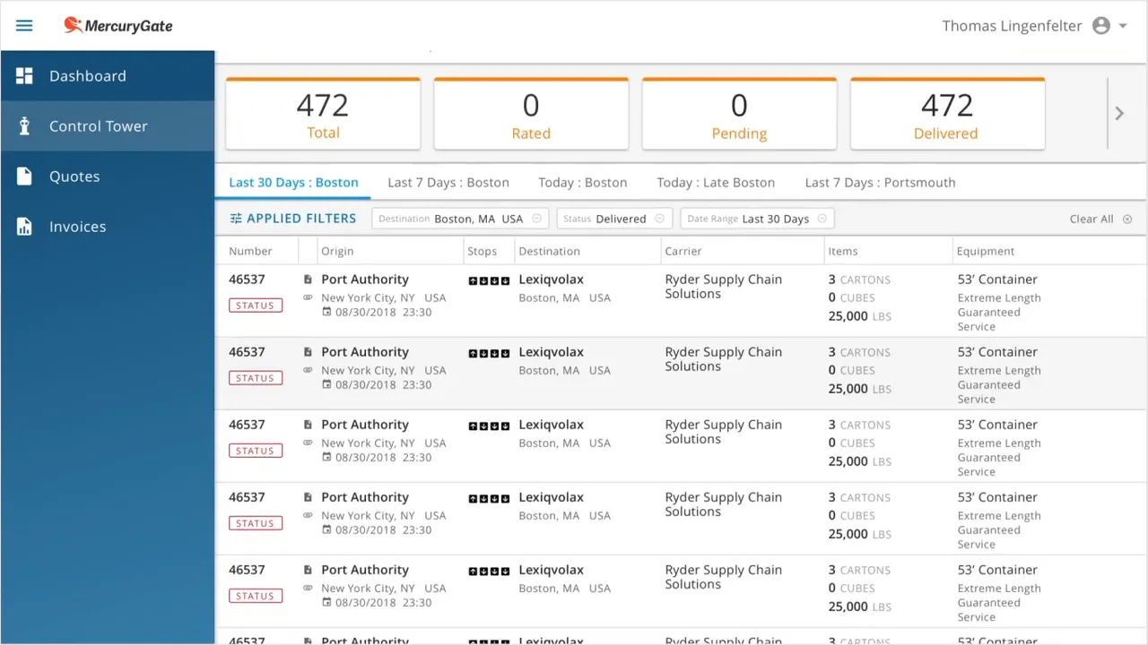 Shipment overview screen