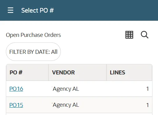 Purchase order selection screen