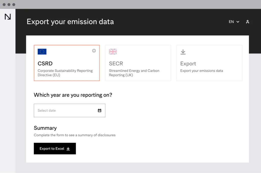 CSRD/SECR emissions data export screen