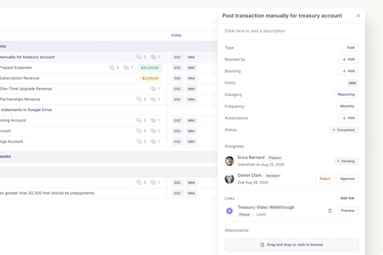 Task detail panel with assignees, approval status, and linked evidence