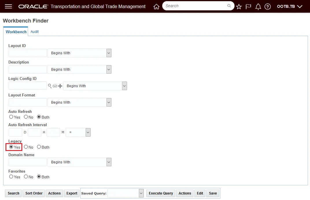 Transportation and Global Trade Management workbench finder screen