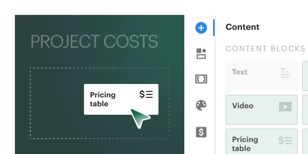 Drag-and-drop document editor with the content-blocks panel, dropping a pricing table into a proposal.